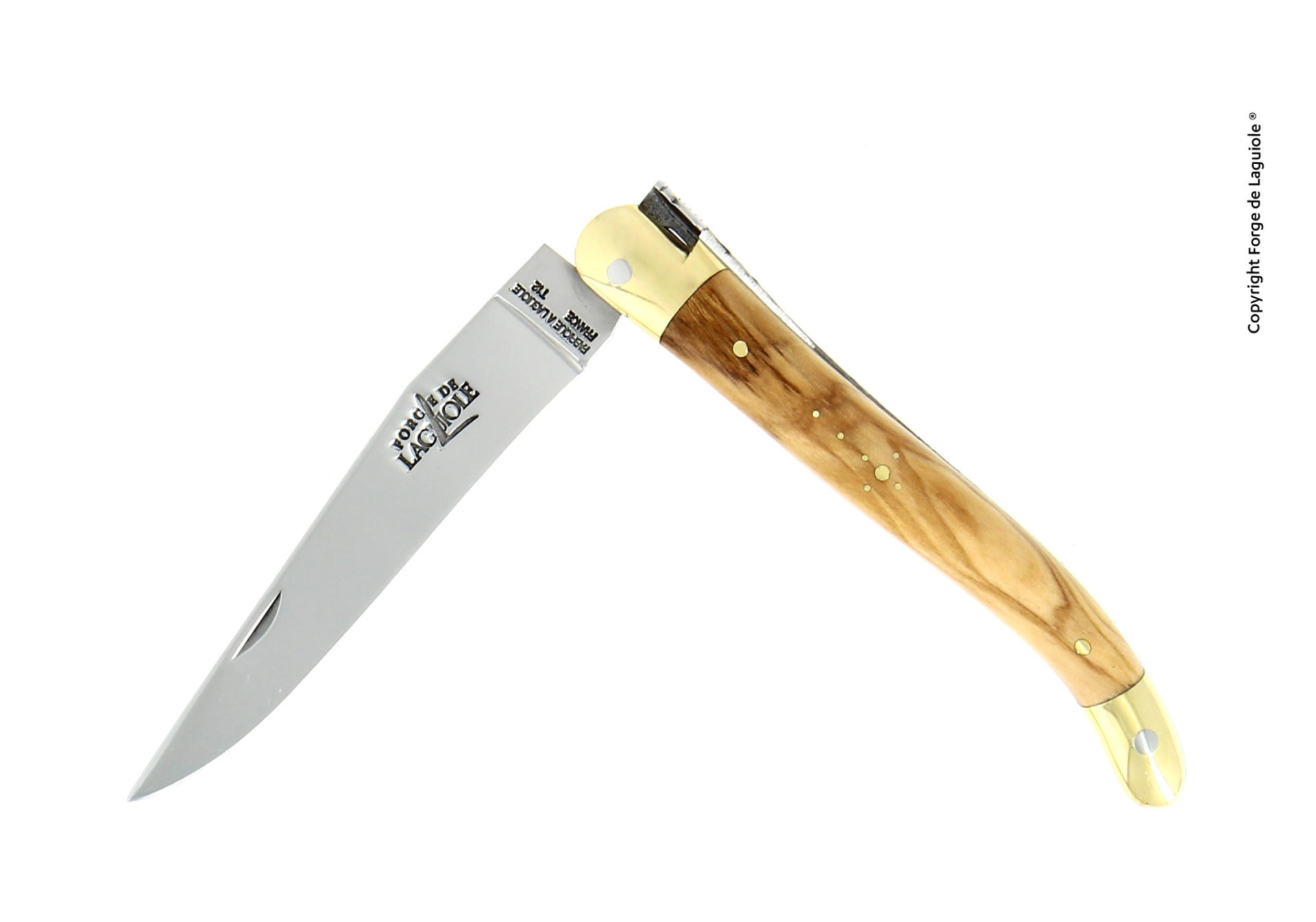 Laguiole Taschenmesser, Olivenholzgriff, Messingbeschläge, Klappmesser, handgefertigt, französisches Qualitätsmesser