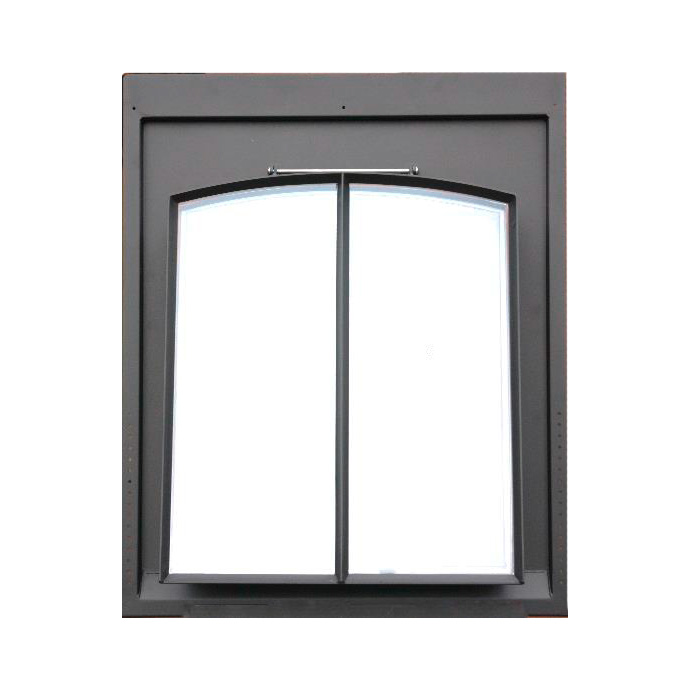 Modernes schwarzes Fenster mit leichtem Rundbogen und zwei Glasflächen, geeignet für Fassaden und Wohnräume