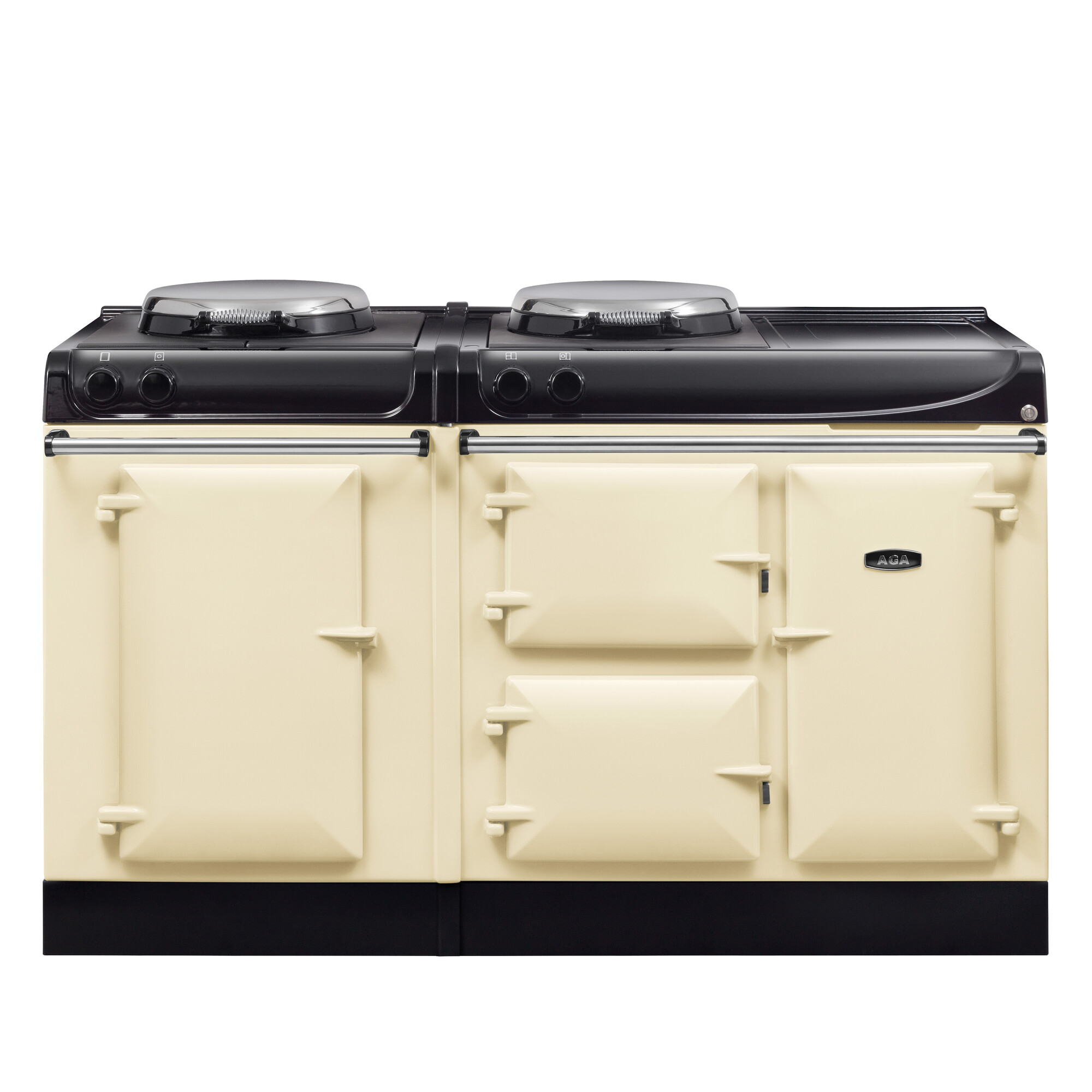 Ein cremefarbener AGA-Küchenherd mit vier Backofentüren und zwei Kochplatten, ideal für traditionelle Küchen