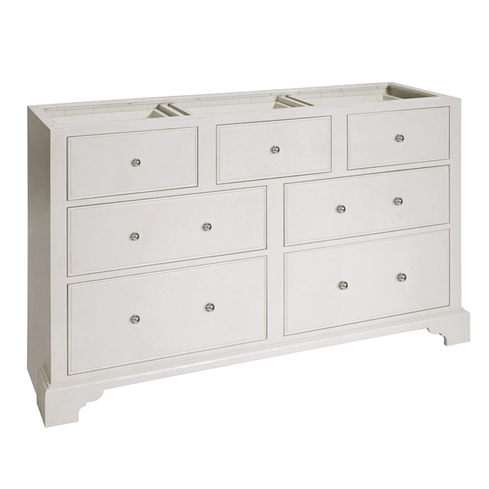 Schlichte, weiße Holzkommode mit acht Schubladen und silberfarbenen Griffen, ideal für Schlafzimmer oder Flur