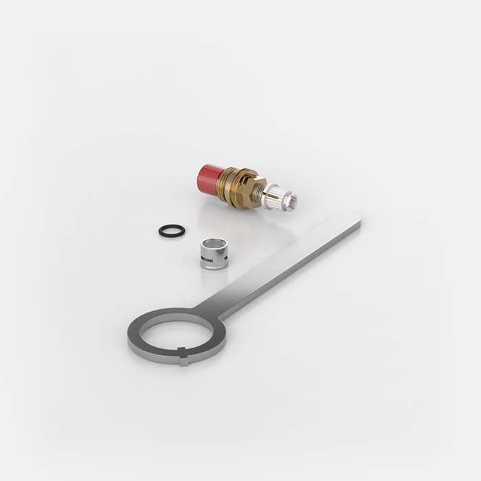 Abgebildet ist ein Reparaturset für Sicherheitsventile mit einem Metallschlüssel, Dichtungsring und weiteren Einzelteilen auf weißem Hintergrund.