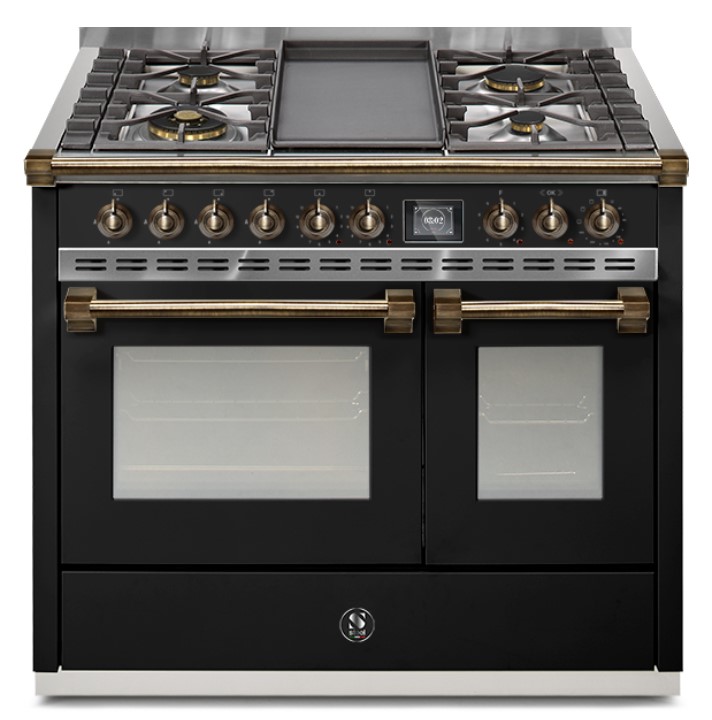 Moderner Standherd mit sechsbrennerigem Gas-Kochfeld, zentraler Grillplatte und zwei geräumigen Backöfen in elegantem Design