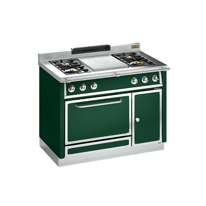 Grüner Gasherd mit vier Kochfeldern, Bratfläche und Backofen, ideal für anspruchsvolle Küchen und Hobbyköche