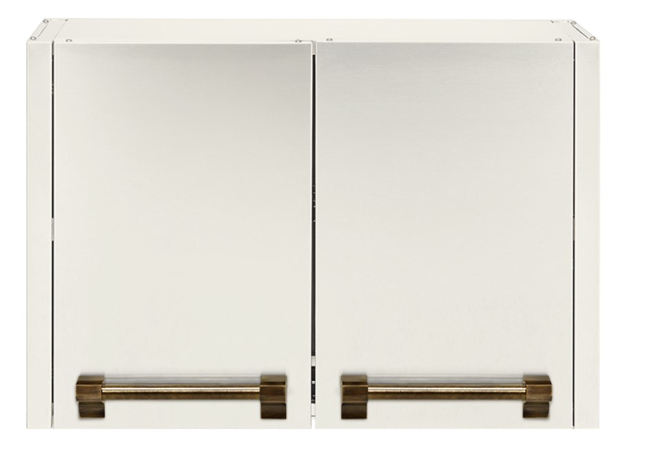 Doppelter Einbauschrank aus Edelstahl mit zwei Türen und auffälligen Messinggriffen, ideal für Außenküchen