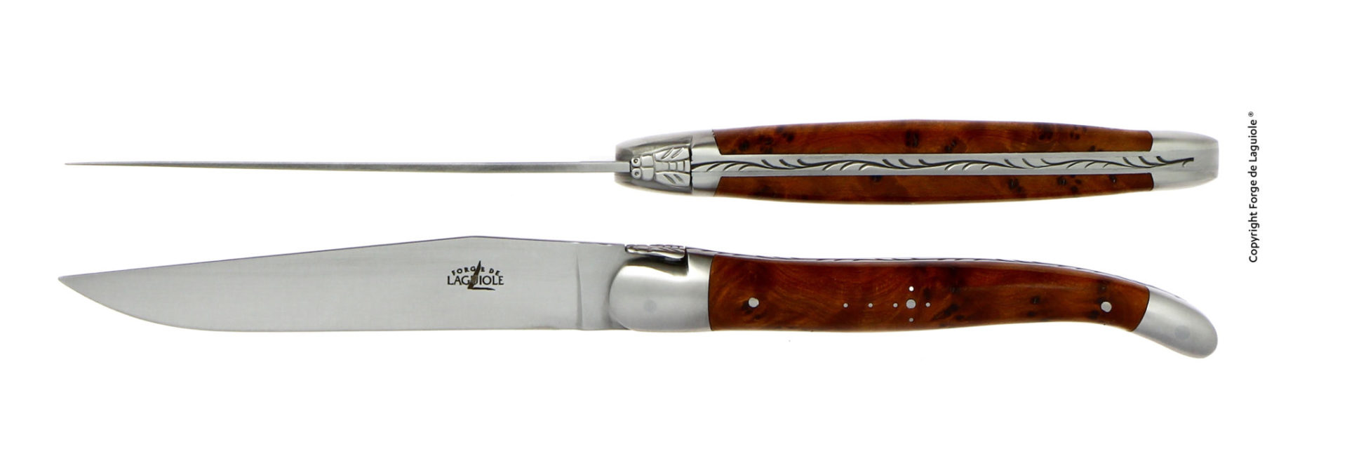 Traditionelles Laguiole Taschenmesser mit rostfreier Edelstahlklinge und edlem Olivenholzgriff, seitlich und von oben abgebildet