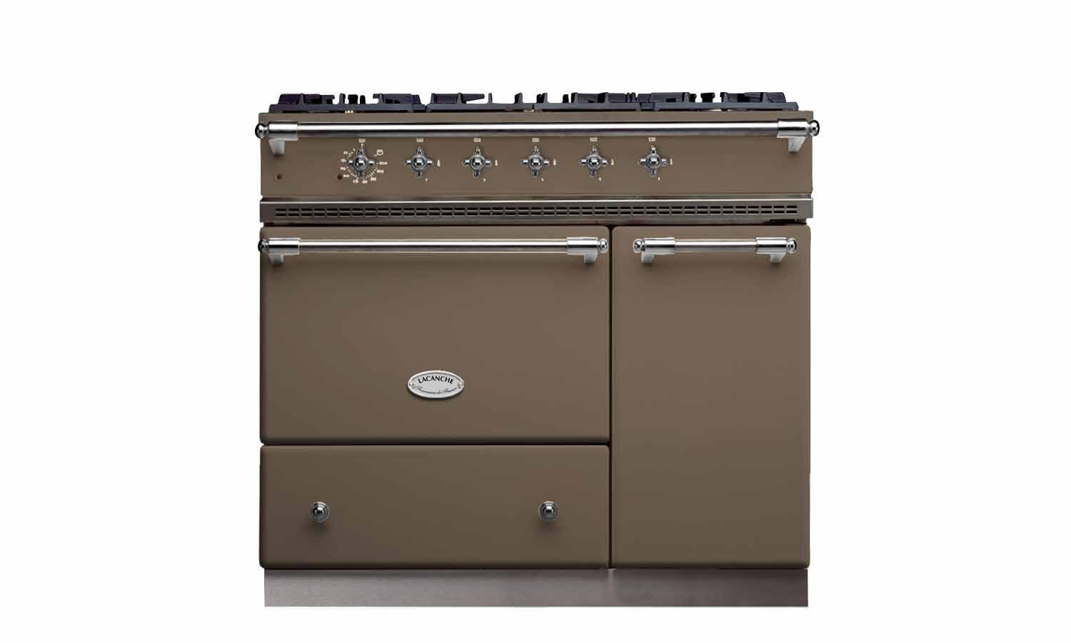 Brauner Lacanche Standherd mit zwei Backofentüren und großem Gas-Kochfeld, klassisches Design für die Küche