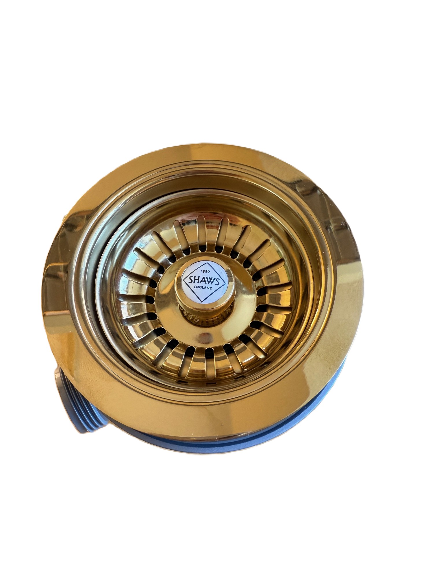 Goldener Ablauf für Spülbecken mit Siebeinsatz von Shaws England, hochwertige Ausführung und glänzendes Design