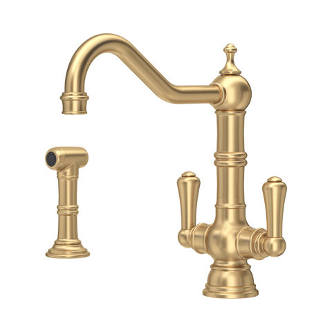 Hochwertige Küchenarmatur in Gold/Messing, Zweigriffmischer mit separater Handbrause, hoher schwenkbarer Auslauf, klassisches Retro-Design für die Küchenspüle