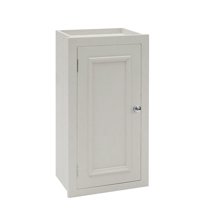 Schmaler, weißer Badezimmerschrank mit einer Tür und silbernem Griff, ideal für kleine Räume oder als Aufbewahrungsschrank