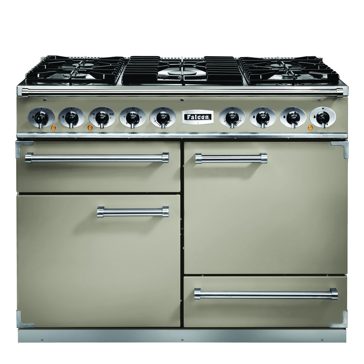 Großer mehrflammiger Gasherd Falcon Classic Deluxe 110 mit Edelstahlblende und mehreren Backofentüren, ideal für professionelle Küchen.