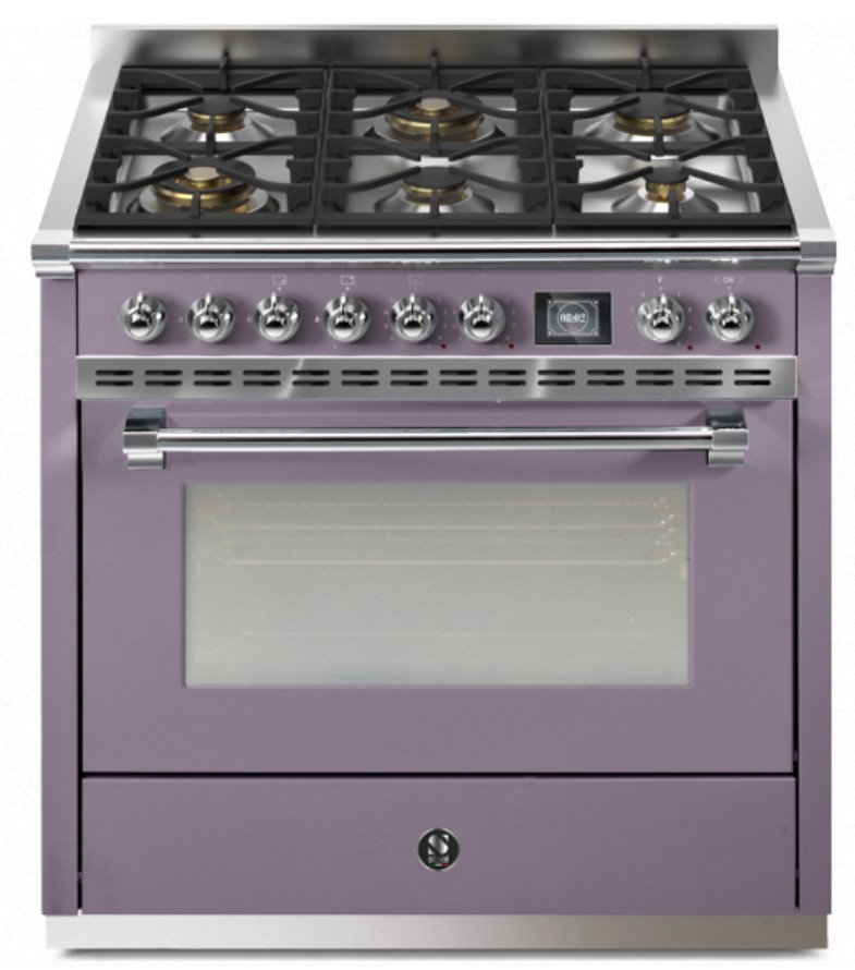 Freistehender Gasherd 90 cm, lila, 5 Brenner, Backofen
