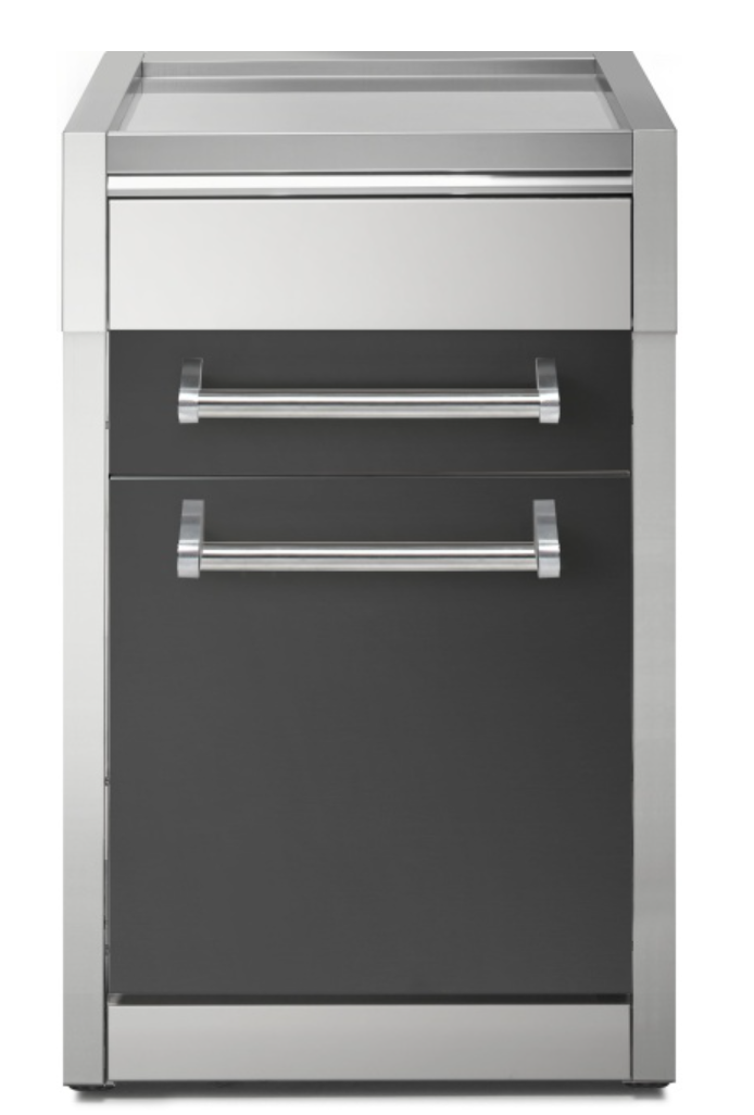 Moderner Edelstahlschrank mit einer Schublade und einer Tür, ideal für den Einsatz in Outdoor-Küchen oder auf der Terrasse