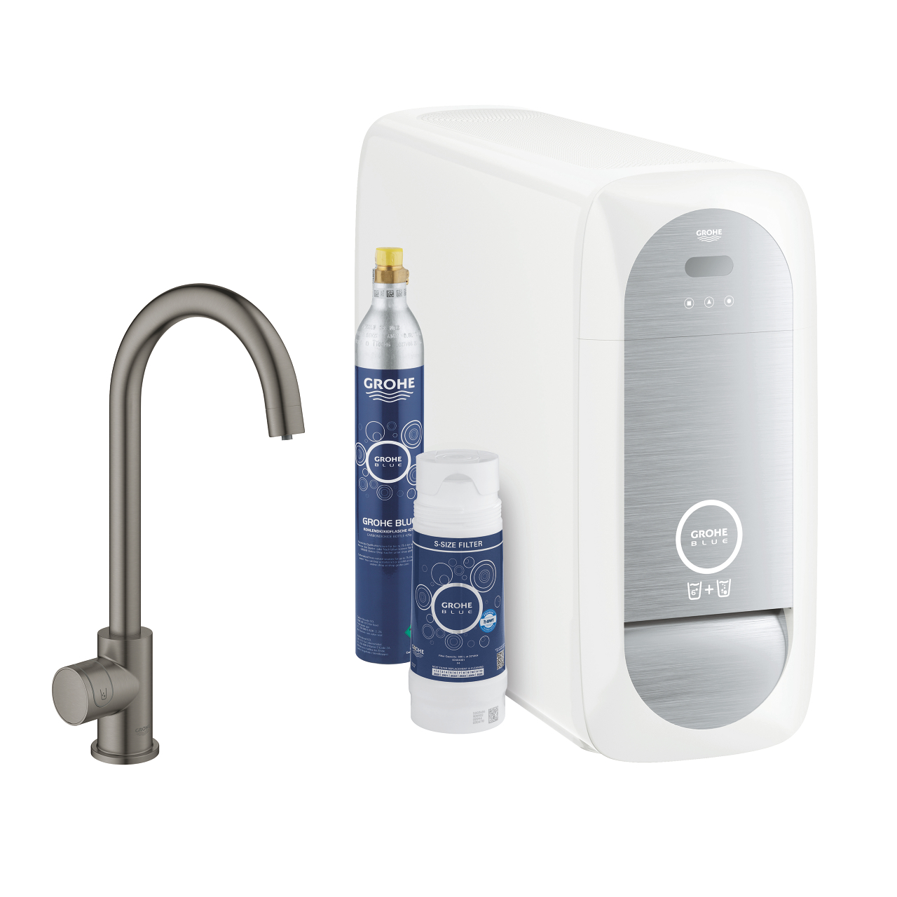 GROHE Blue Wassersystem Set inklusive Edelstahlarmatur, Filterkartusche und CO2-Zylinder zur Wasseraufbereitung