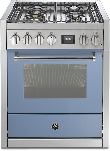 Moderner Gasherd mit vier Kochfeldern, Edelstahloberfläche und blauem Backofen mit digitaler Zeitanzeige