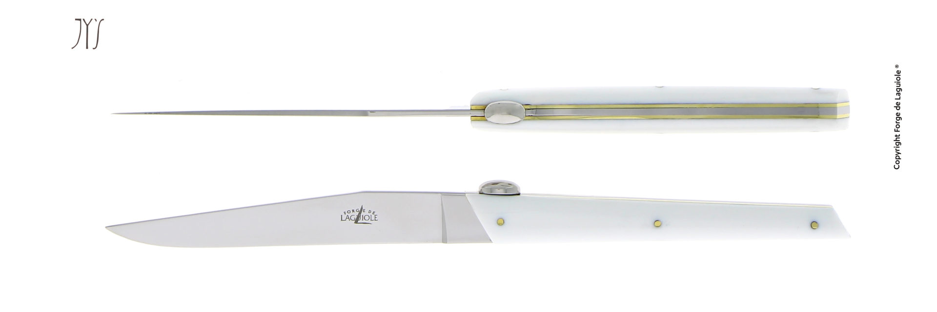 Elegantes Forge de Laguiole Klappmesser mit weißem Griff und Edelstahlklinge, seitliche und obere Ansicht auf weißem Hintergrund