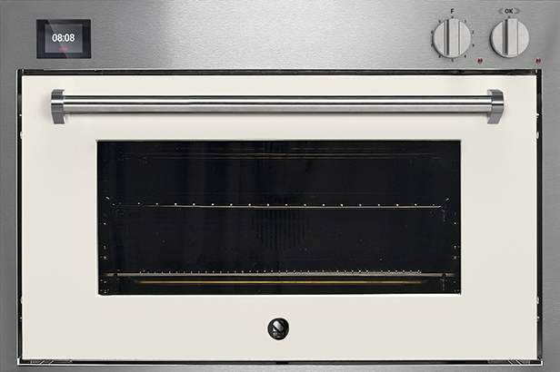 Moderner Einbau-Backofen aus Edelstahl mit großer Glastür, Digitalanzeige und Drehknöpfen