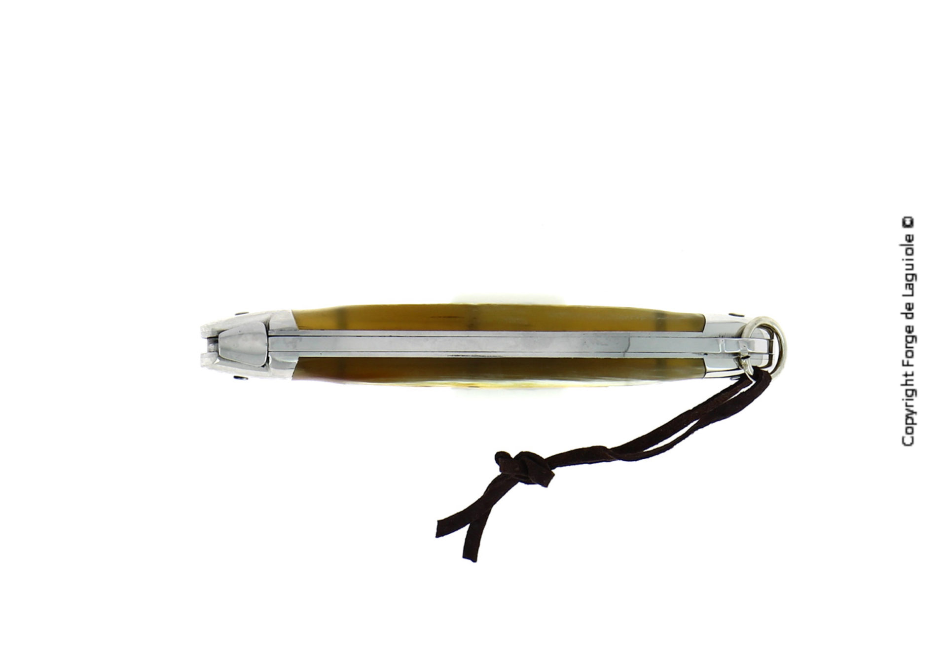 Geschlossenes Laguiole Taschenmesser mit Griff aus Horn und Lederschlaufe, Ansicht von oben
