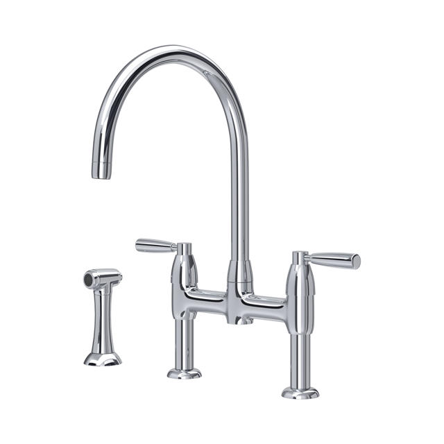 Chrom-Küchenarmatur mit hohem Bogen, Zweigriff-Brückenmischer und separatem Handsprühkopf – eleganter Wasserhahn für die Spüle