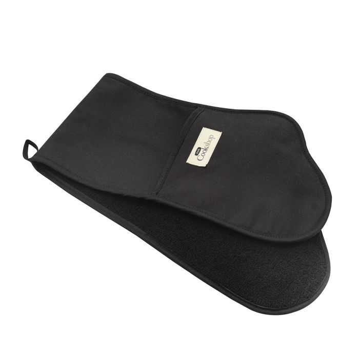 Schwarzer, langer Ofenhandschuh aus Stoff mit Schlaufe zum Aufhängen, ideal zum sicheren Entnehmen heißer Backbleche oder Töpfe