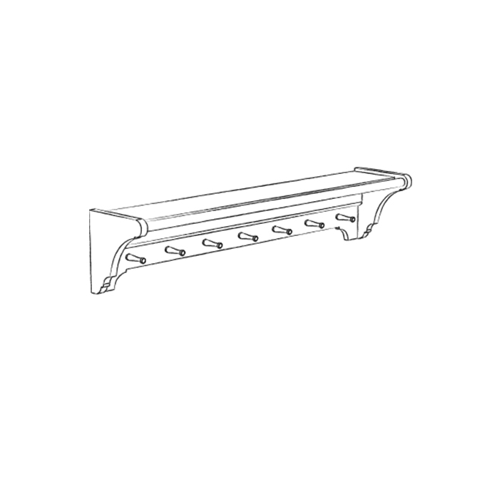 Zeichnung einer Wandgarderobe aus Holz mit Ablage und sechs Haken, ideal für Eingangsbereich oder Flur
