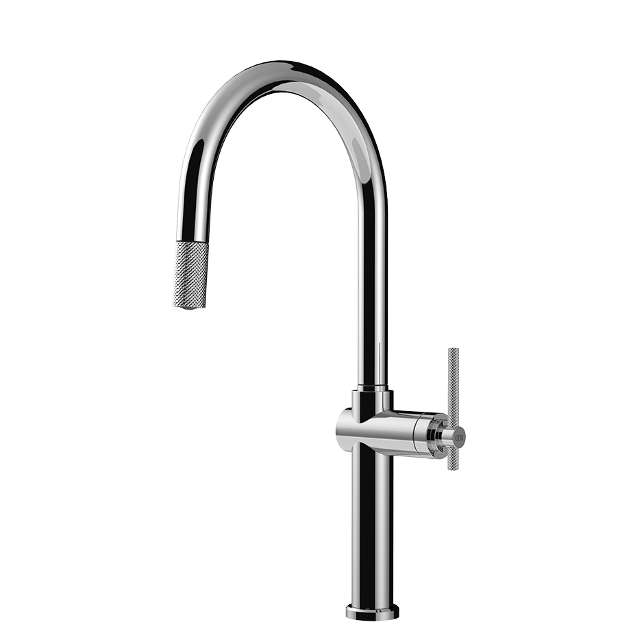 Moderne Küchenarmatur aus Chrom, hoher Auslauf, Einhebel