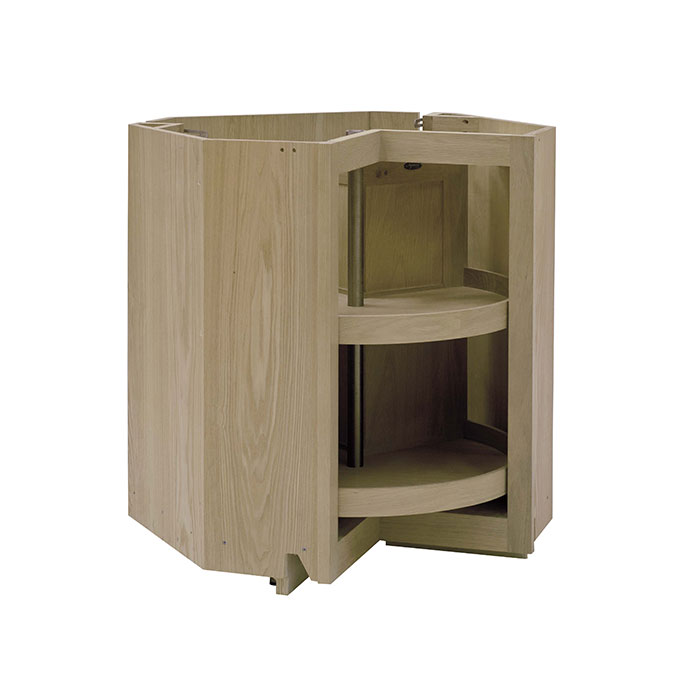 Eckunterschrank aus hellem Holz mit drehbaren, runden Einlegeböden, ideal für Küchen zur optimalen Stauraumnutzung