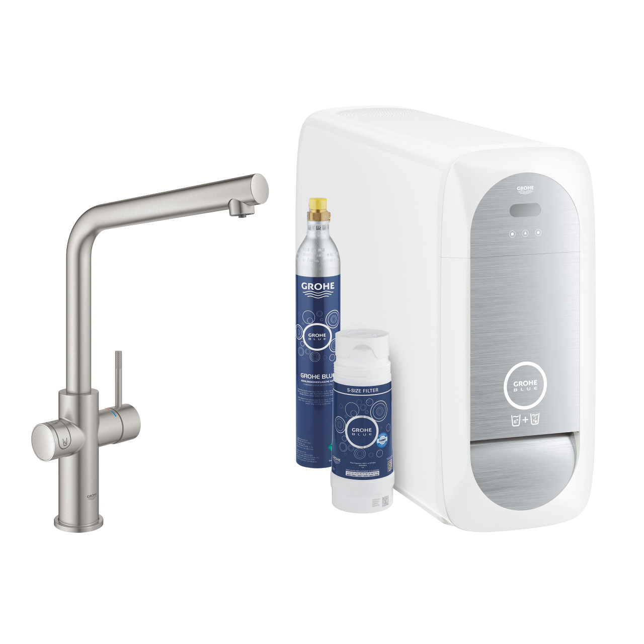 GROHE Blue Wassersystem Starterset mit moderner Küchenarmatur, Wasserfilter, CO2-Zylinder und Kühler für gefiltertes, gesprudeltes und gekühltes Trinkwasser