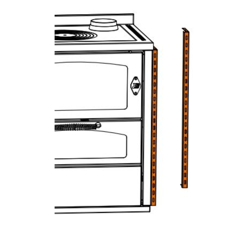 Grafische Darstellung eines Küchenherds mit einem orangefarbenen Seitenwand-Abstandshalter aus Metall zur einfachen Montage und Hitzeschutz