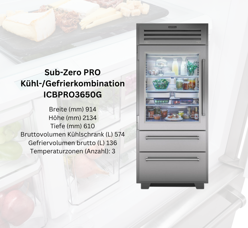 Sub-Zero PRO ICBPRO3650G Kühl-/Gefrierkombination in Edelstahloptik mit Glastür, großem Innenraum, drei Temperaturzonen und Gemüse, Getränken und Lebensmitteln sichtbar im Kühlschrank