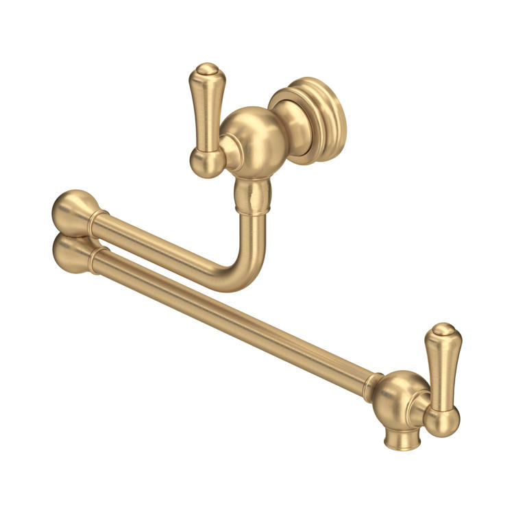 Klappbare Wand-Topffüller Armatur aus massivem Messing in gebürstetem Gold, doppelt schwenkbar mit zwei Griffen – ideal zum Befüllen von Töpfen am Herd, Vintage Küchenarmatur