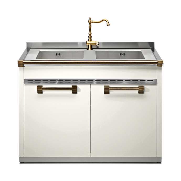 Doppelspülbecken mit goldener Armatur und weißem Unterschrank, modern und stilvoll