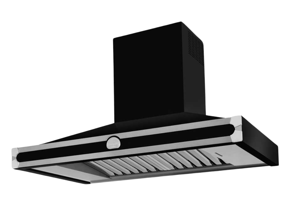 Design-Dunstabzugshaube in Schwarz mit Edelstahl-Elementen für modernes Küchendesign, ideal zur Geruchs- und Fettfilterung