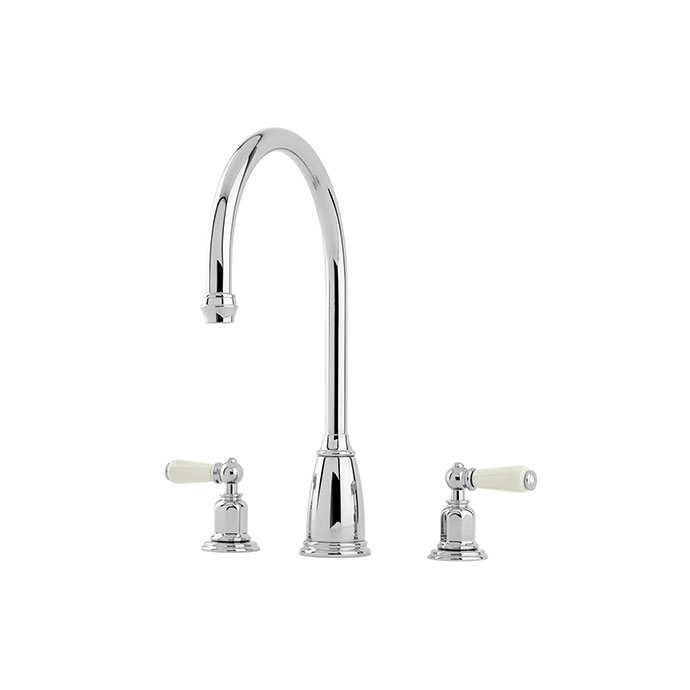 Küchenarmatur aus Chrom mit hohem Auslauf und zwei weißen Griffen im klassischen Design