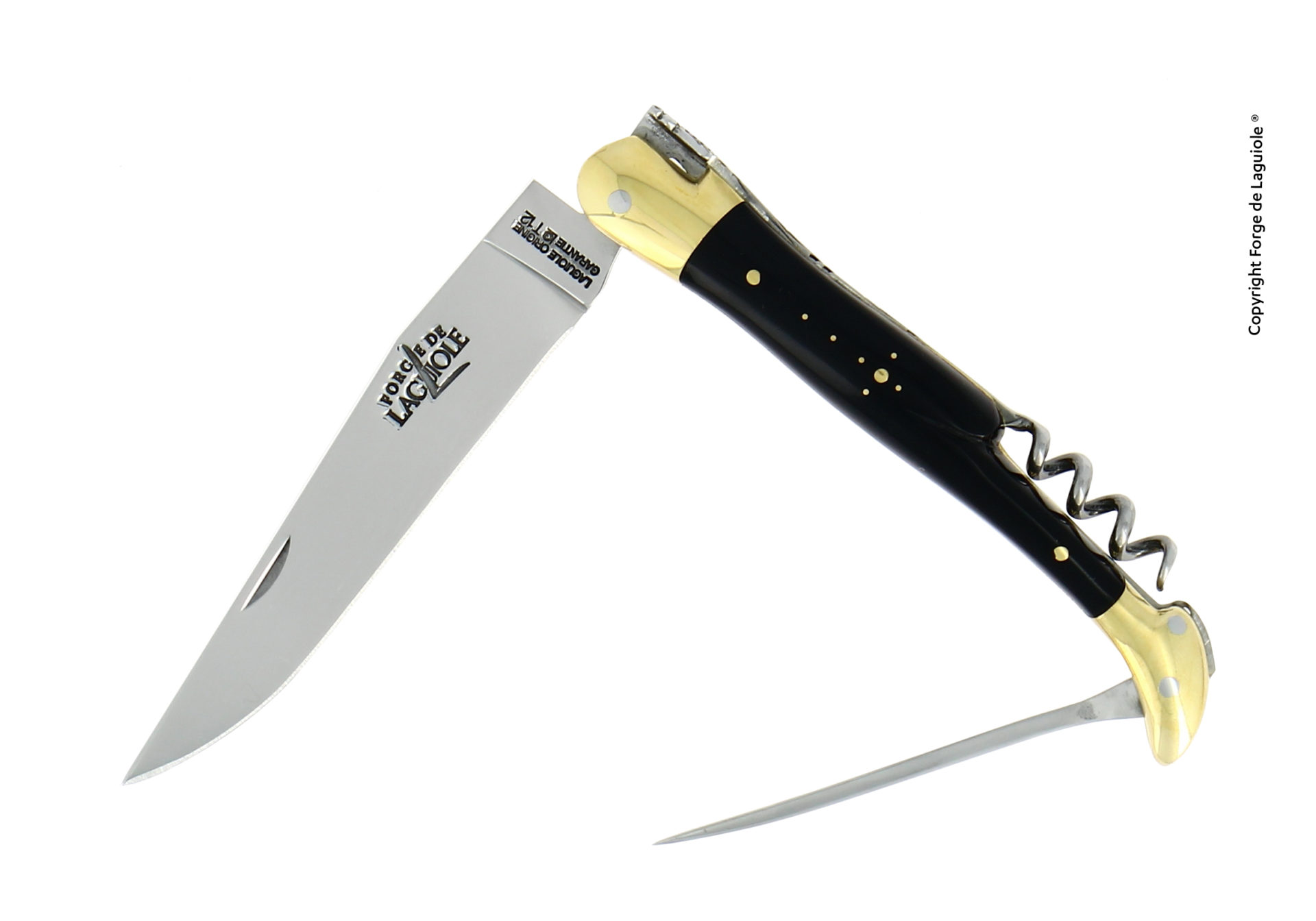 Elegantes Laguiole Taschenmesser mit schwarzem Griff, integrierter Klinge, Korkenzieher und Ahle, geöffnet dargestellt