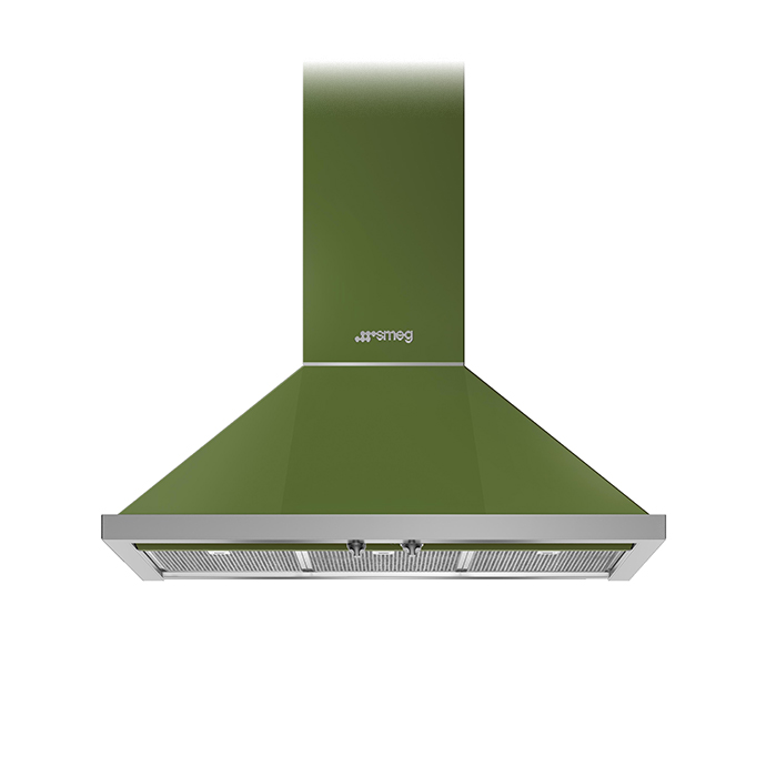 Grüne Smeg Wand-Dunstabzugshaube im modernen Design mit Edelstahl-Filtern, ideal für die Küche