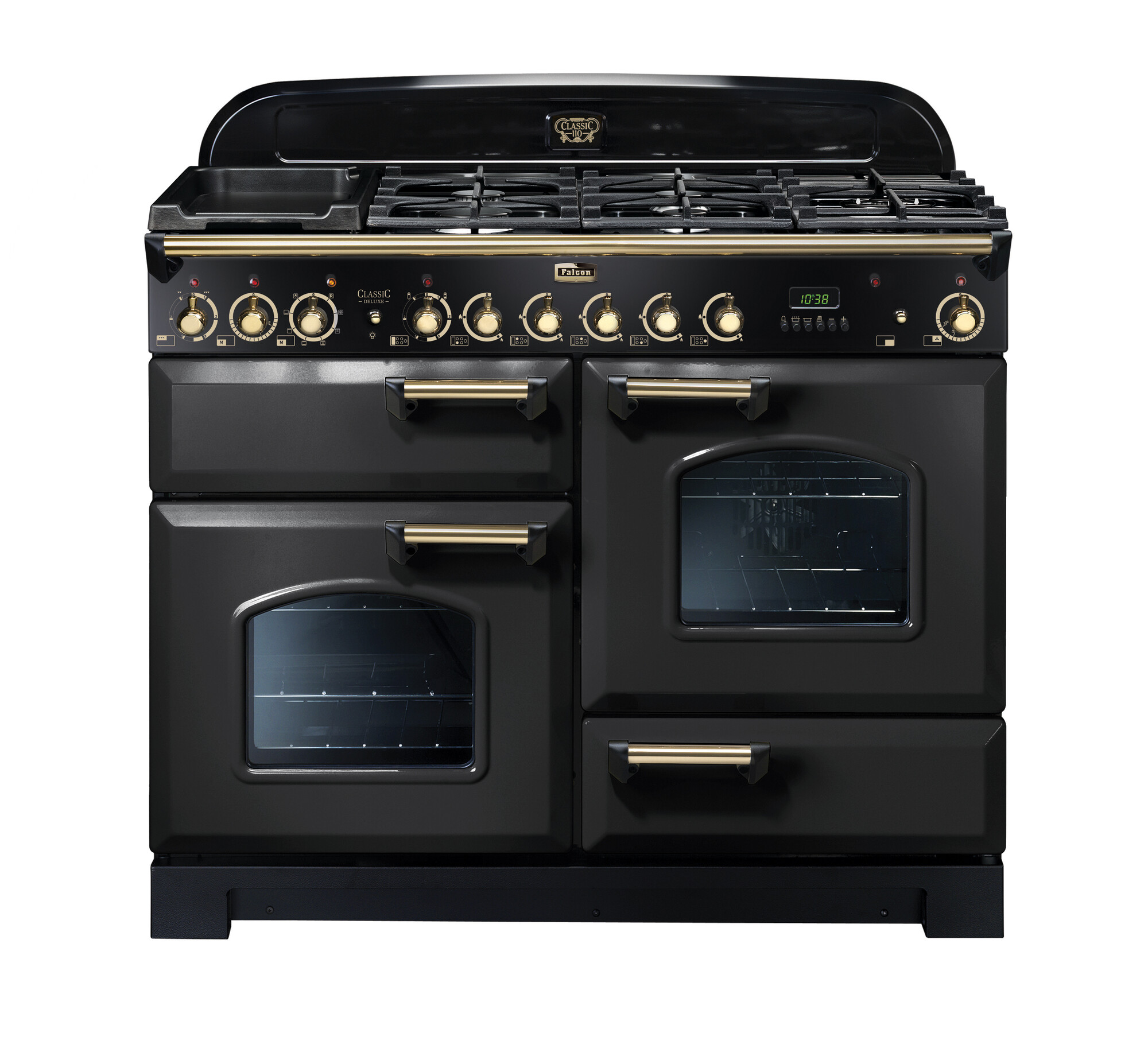 Schwarzer Falcon Classic Deluxe 110 Induktionsherd mit zwei Backöfen, fünf Kochzonen und goldfarbenen Bedienelementen.