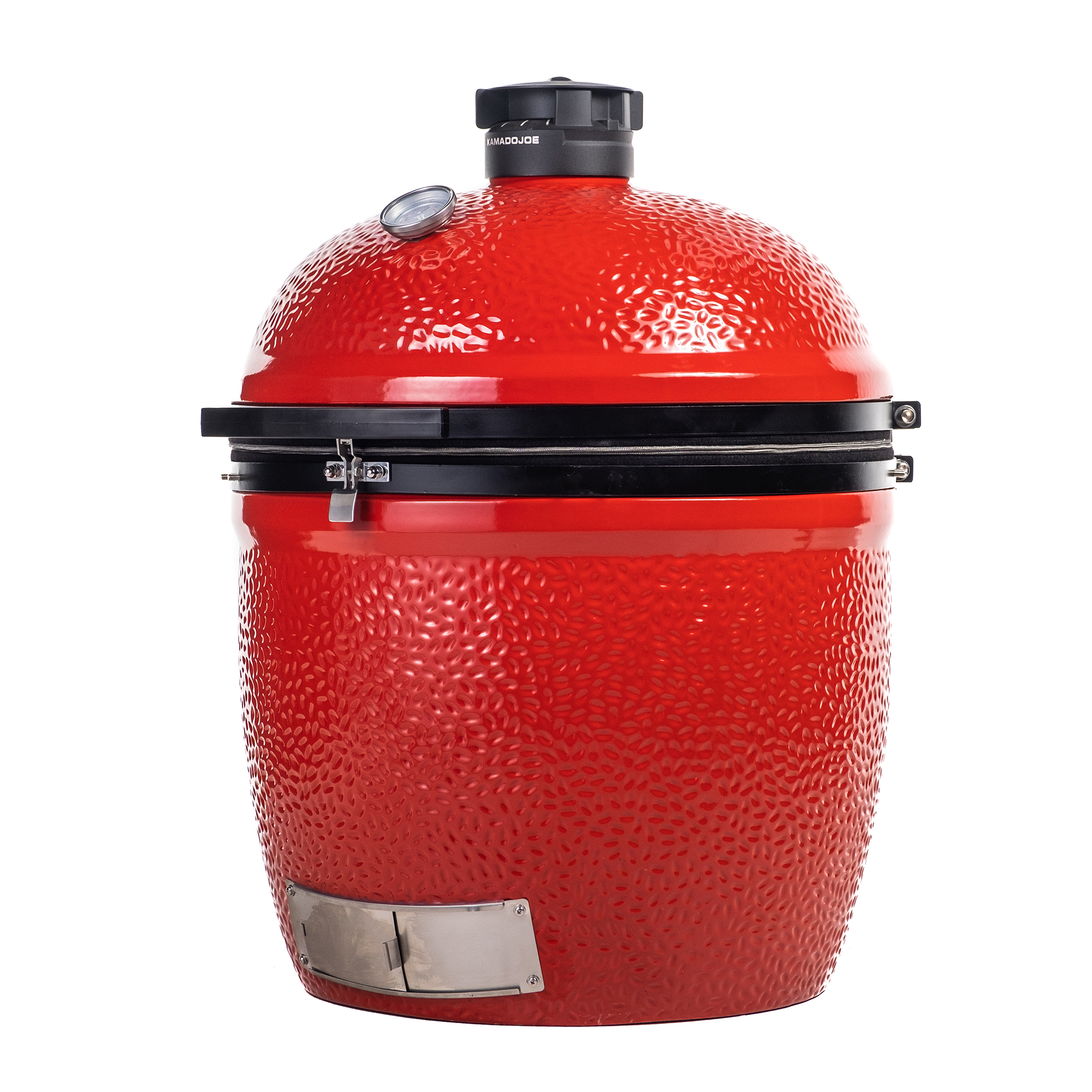 Roter Keramikgrill mit integriertem Thermometer und robustem Deckel, geeignet für BBQ und Smoker