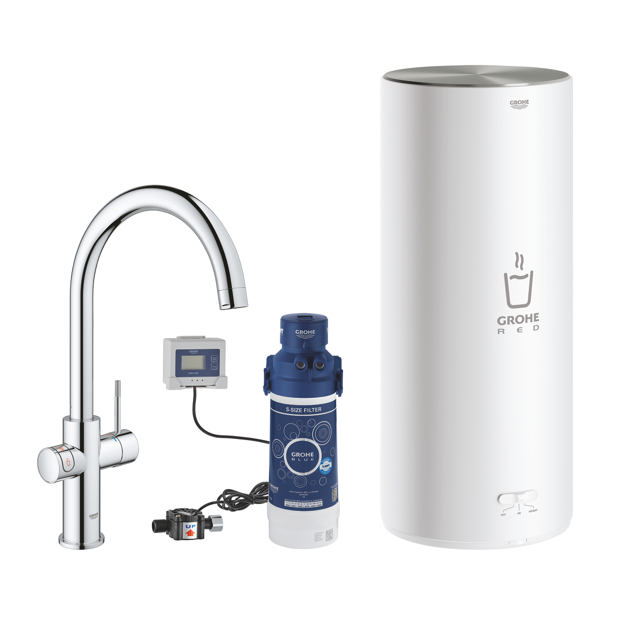 GROHE Red Komplettset bestehend aus moderner Küchenarmatur, Boiler, Filter und Steuerungseinheit für sofortiges heißes Wasser