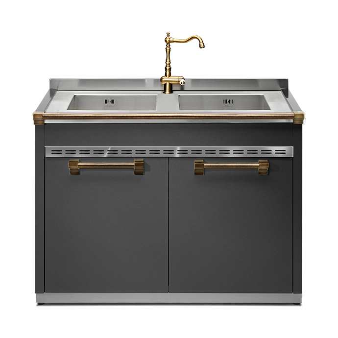 Küchenunterschrank in Anthrazit mit zwei Edelstahlbecken und goldfarbener Wasserhahn, minimalistisch und edel