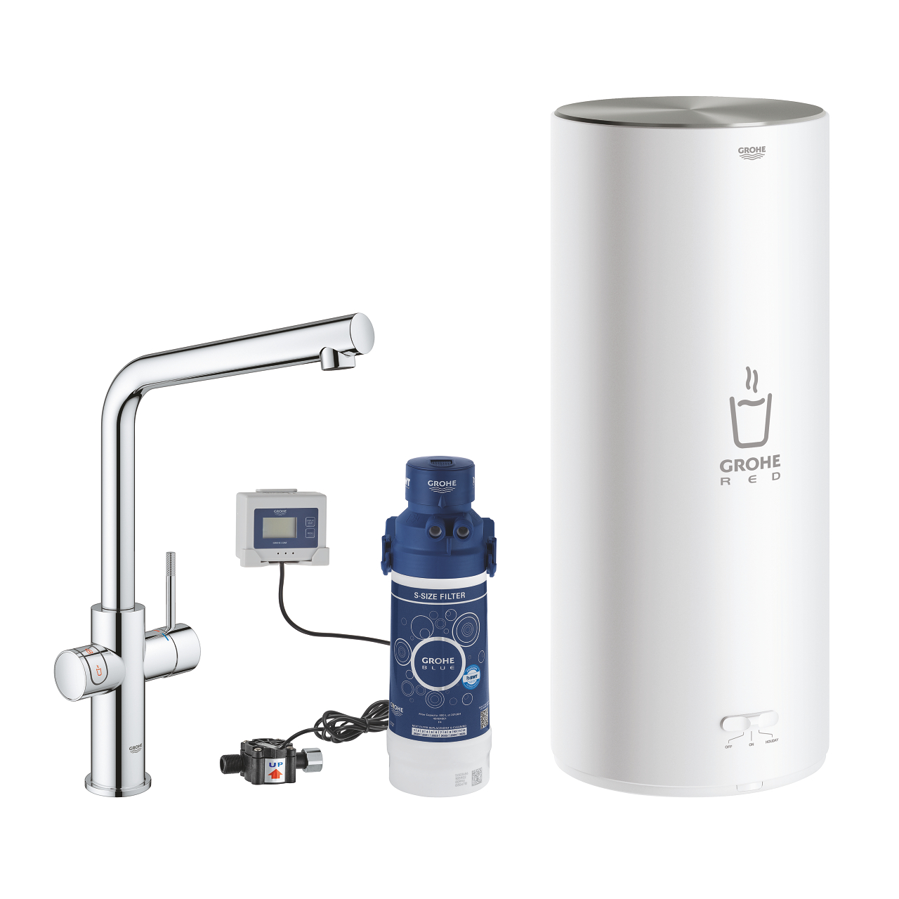 GROHE Red Komplettset bestehend aus Armatur, Boiler, Wasserfilter und Bedienelement zum Erzeugen von kochendem Wasser