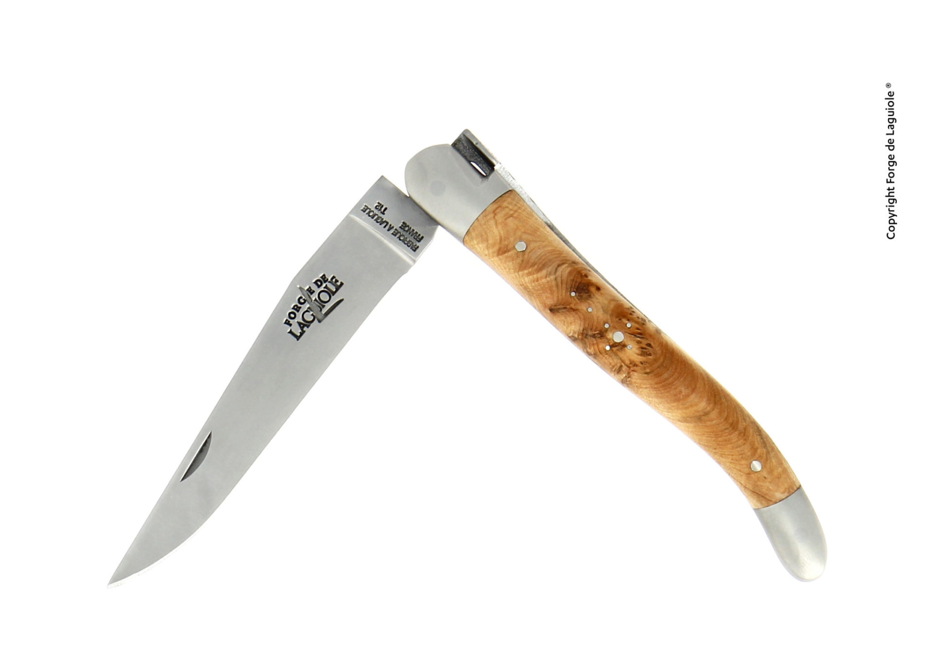 Hochwertiges Laguiole Taschenmesser mit Edelstahlklinge und Griff aus gemasertem Holz, aufgeklappt