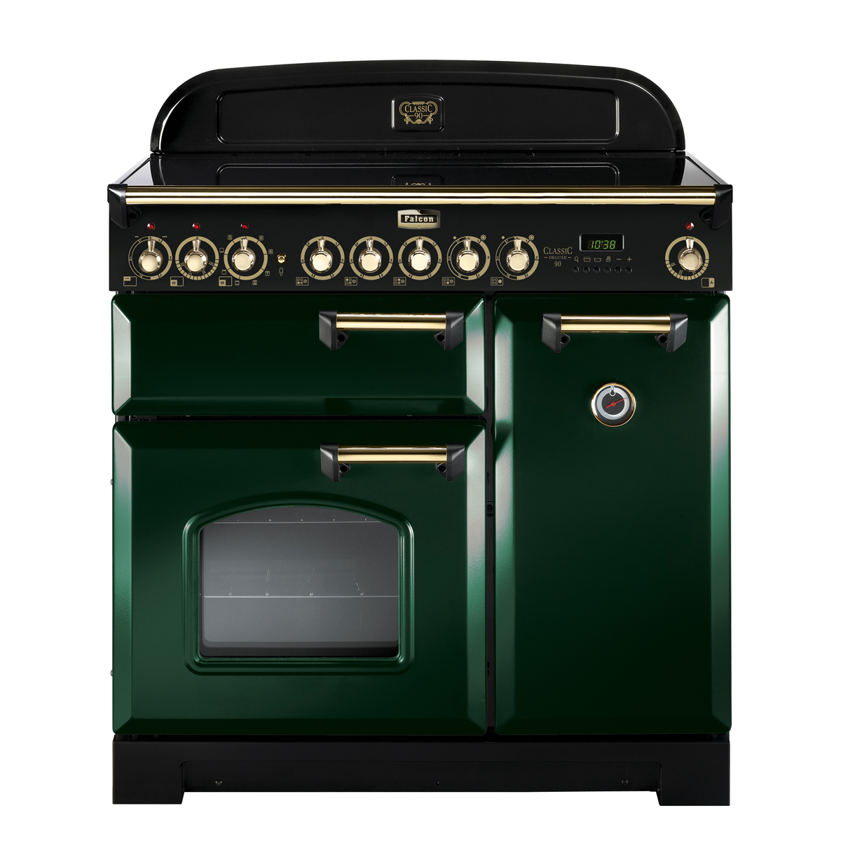 Grüner Falcon Classic Deluxe 110 Induktionsherd mit goldfarbenen Details, drei Backofentüren und Bedienpanel