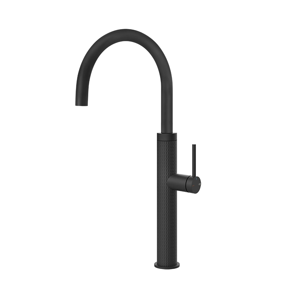 Moderne schwarze Einhebel-Küchenarmatur mit hohem Bogen