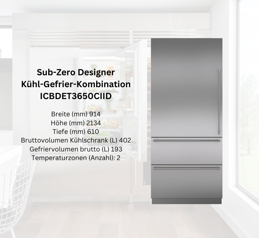 Moderne Sub-Zero Designer Kühl-Gefrier-Kombination ICBDET3650CIID in Edelstahl mit zwei Temperaturzonen, 402L Kühl- und 193L Gefriervolumen, abgebildet in einer hellen Küche