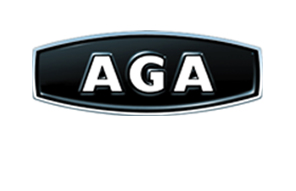 Schwarzes AGA Logo mit weißen Buchstaben auf ovalem Hintergrund