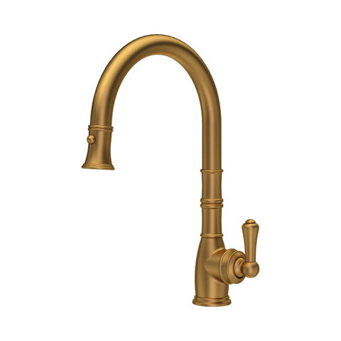 Goldene Küchenarmatur mit hohem gebogenem Auslauf und seitlichem Einhebelgriff, klassischer Stil, Messingoptik, für die Spüle