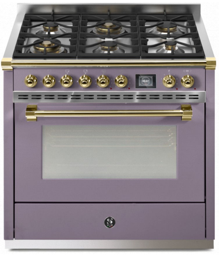 Gasherd 90 cm, 6 Flammen, lila, Messing, Backofen