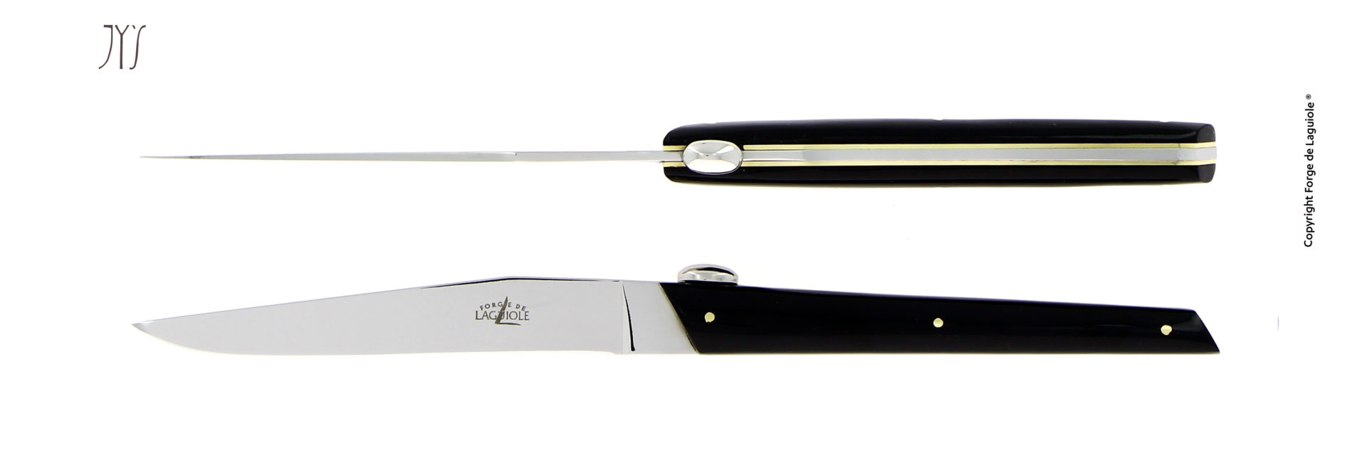 Hochwertiges, handgefertigtes Laguiole Taschenmesser mit schwarzem Griff und Edelstahlklinge, seitliche und obere Ansicht