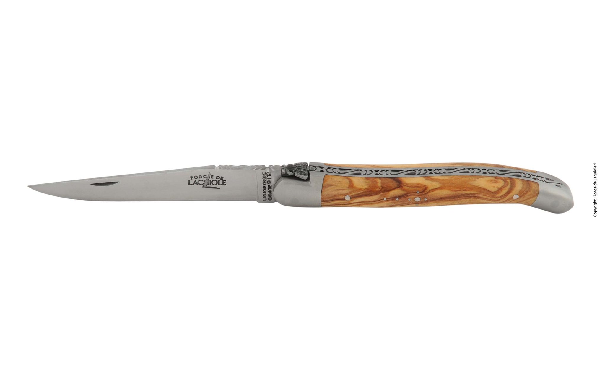 Traditionelles Laguiole Taschenmesser mit Klinge aus Edelstahl und Griff aus Olivenholz, dekorativ verziert