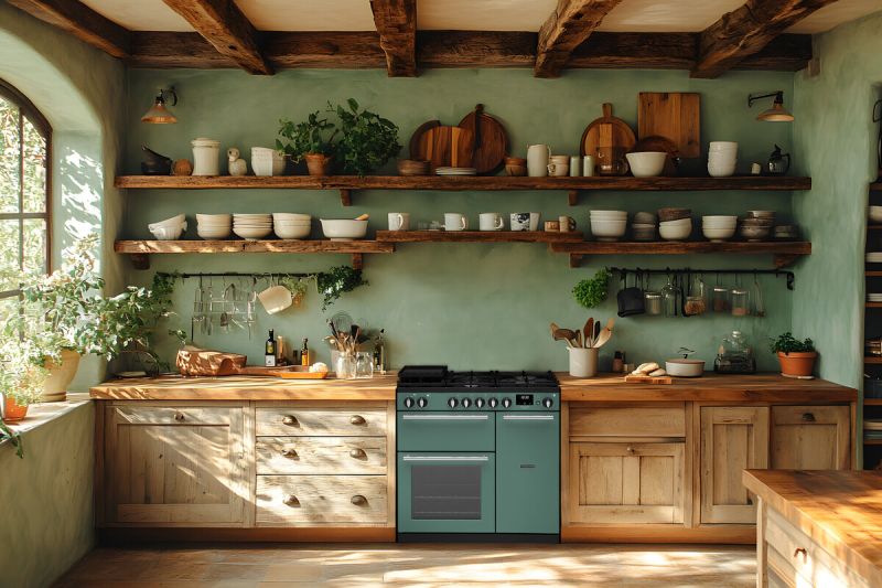 Türkiser freistehender Standherd mit Gaskochfeld und Backofen in rustikaler Landhausküche aus Holz; offene Regale mit Geschirr und Kräutern – Produktfoto für Standherd im Retro-Look.